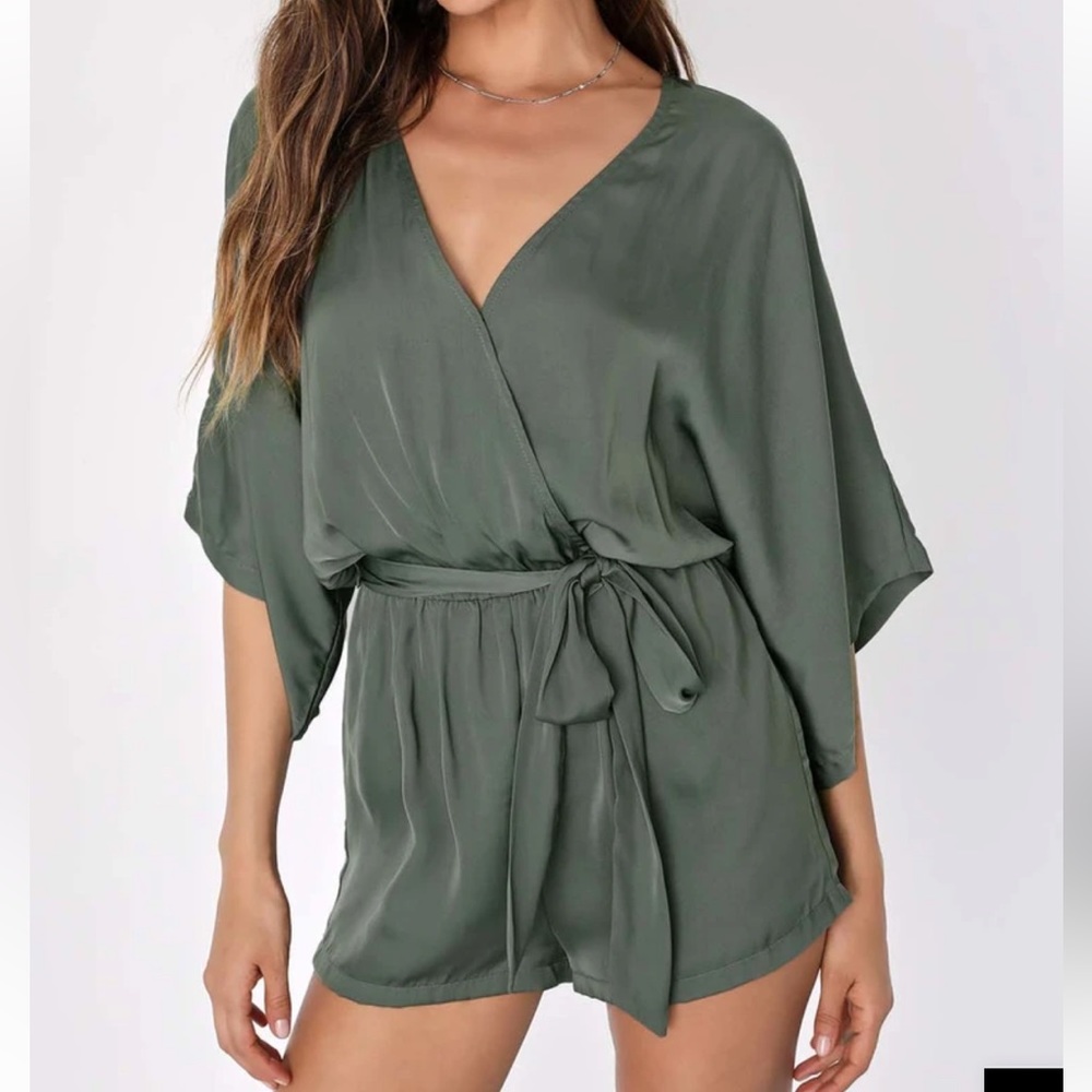 Lulus Olive Green Satin Surplice Romper